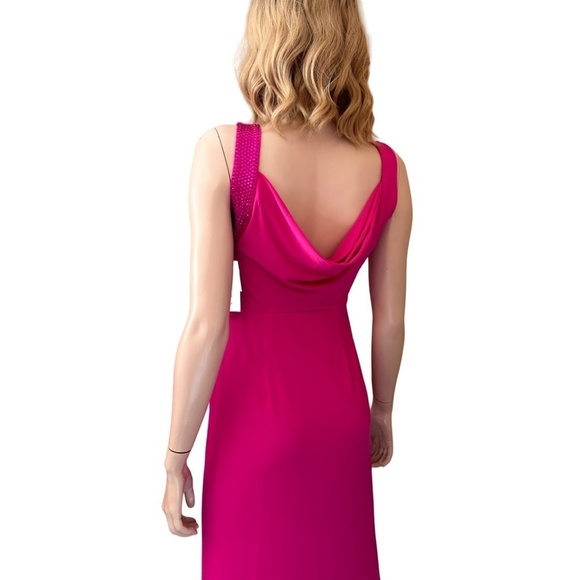 Calvin Klein Dress Gown Train Glass Beading Jersey Knit Ruched Draped Cowl Back - Picture 11 of 16
